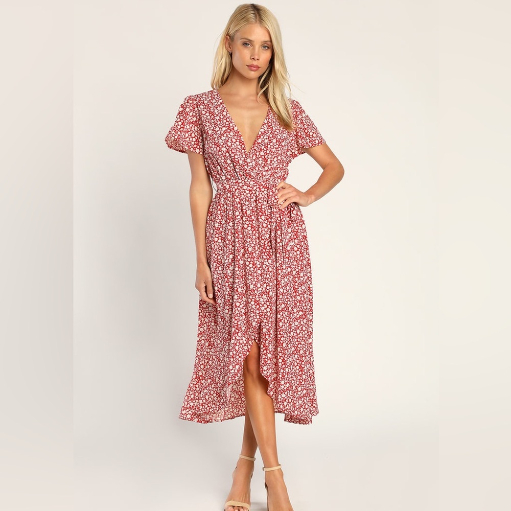Lulus Flowery Fantasy Red Floral Print Flutter Sleeve High-Low Dress red size m